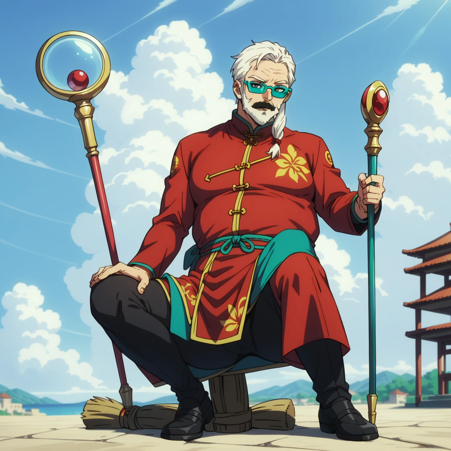 Master Roshi.male focus,1boy,old man,beard,mustache,solo,muten roushi,bald,sunglasses,green-tinted eyewear,red-framed eyewear,chinese clothes,long sleeves,day,facial hair,sky,brown staff,holding,sigh,In the distance,broom_riding,full body,Three-quarter side view,