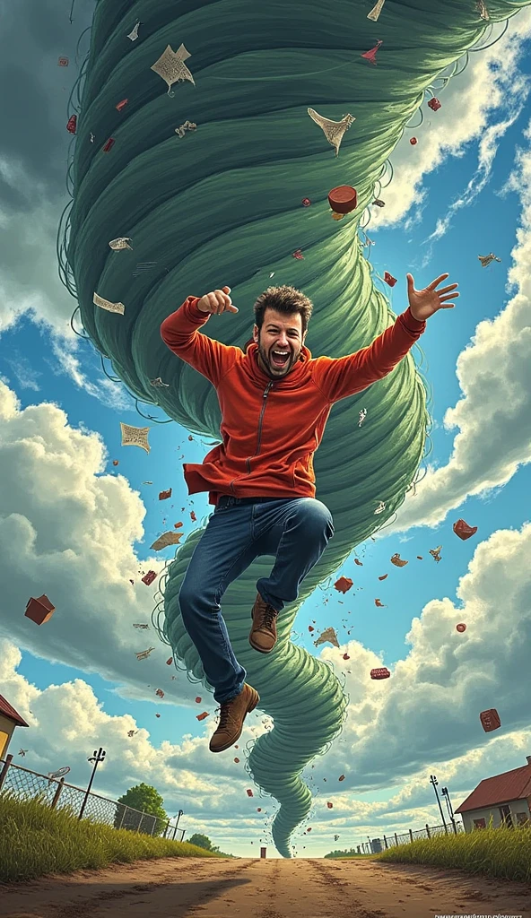 “A highly detailed and realistic yet whimsical depiction of a man caught inside a tornado, illustrated in a cartoonish and humorous style. The tornado spirals around him with exaggerated motion lines, debris, and swirling objects like hats, papers, and random household items. The man has a comically surprised expression, his arms flailing as he struggles to keep his balance. His clothes are partially pulled by the tornado’s force, adding to the chaotic and funny atmosphere. The background shows a stormy sky with exaggerated clouds, enhancing the lively and cartoon-like nature of the scene while maintaining realistic textures and detail.”

