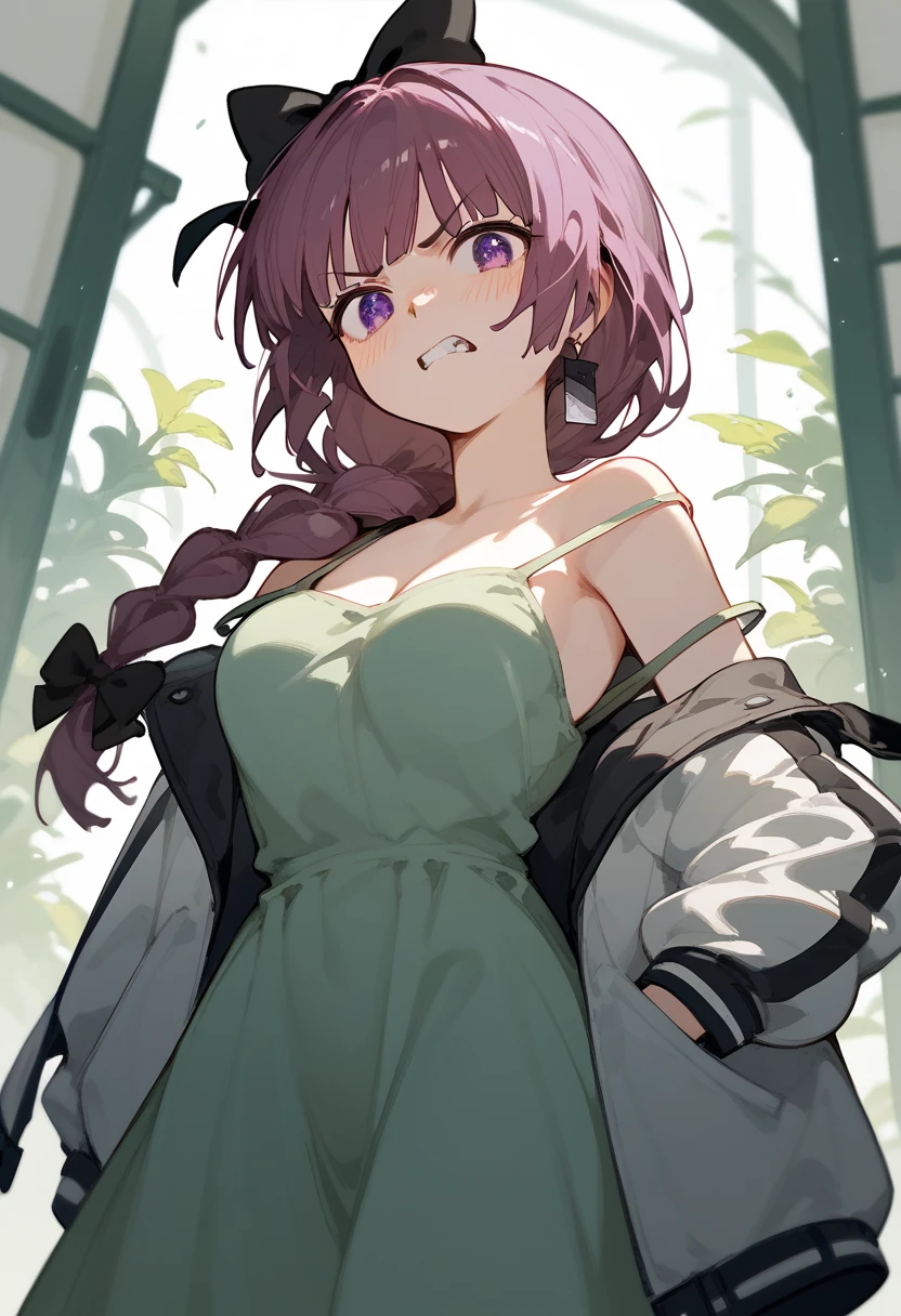 Score_9,Score_8_up,Score_7_up,highest quality,detailed,1 girl,hiroikikuriSDXL,hiroi kikuri,  single braid,

hair over shoulder,

hair bow,black bow,purple eyes,long dress,green dress,

strap slip,jacket,open jacket,two-tone jacket underboob, striped, , breasts,,angry, blush, 

