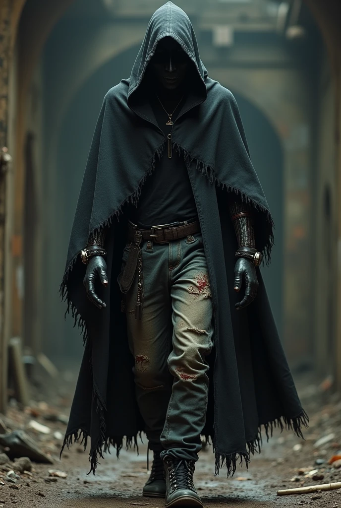 Hooded cloak : Black or dark gray with leather inserts , with torn or worn edges , as if she has gone through many challenges . Hood can hide the face or be a symbol of invulnerability .
metal ornaments : skin, worn fabric , faded stripes , creating the image of a torturer .
through:
Shabby pants or pants : Black or gray with scuffs , lacing , with , with belts , with chains , that gives clothes stiffness .
shoes: High leather boots with studs or chunky boots with .
Accessories:
A mask or concealing face band : Sharp-edged mask , which hides facial expression , or bandage , which imposes an atmosphere of uncertainty and fear .
gloves: Black leather gloves with metal spikes or wrist chains .
Chains or handcuffs : metal chains, metallic elements that can be worn as jewelry or tied to a belt to add a dark effect.
Emphasized details :
Bloody spots : Multiple spots , as if from cuts or blood , on clothes, to increase fear .
Make it a horror style