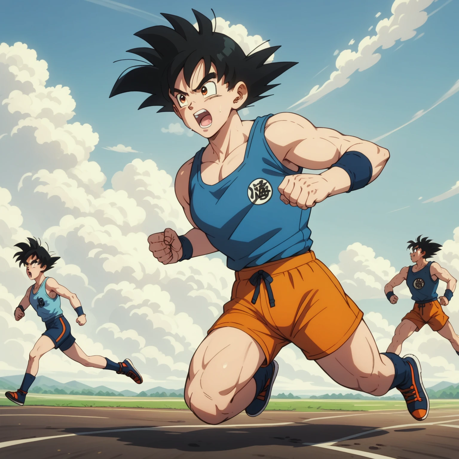 Goku in blue tank tops and orange boxer briefs,full body.running.reverse side