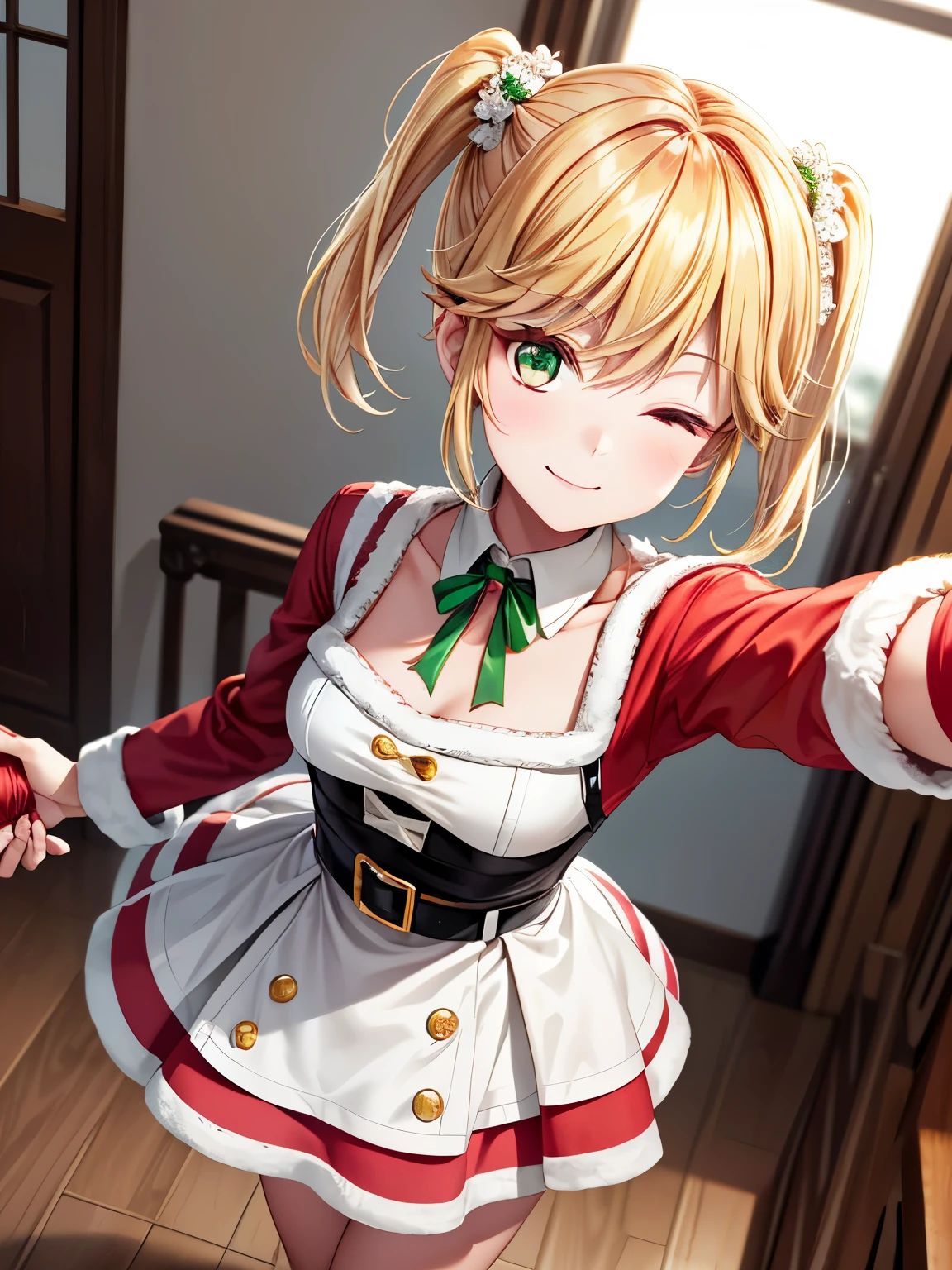 masterpiece, best quality, Towards Viewers 、 one girl、solo、indoor、bet、tart 、Blonde,Standing、 closed mouth、smile、Eyes that look like beautiful jewels, Absolute reference to the center、(Santa、Santaクロース,Santaの衣装:1.2)、Santaの帽子、Absolute reference to the center、 cute, ( perfect hands , perfect anatomy),Selfie from above、