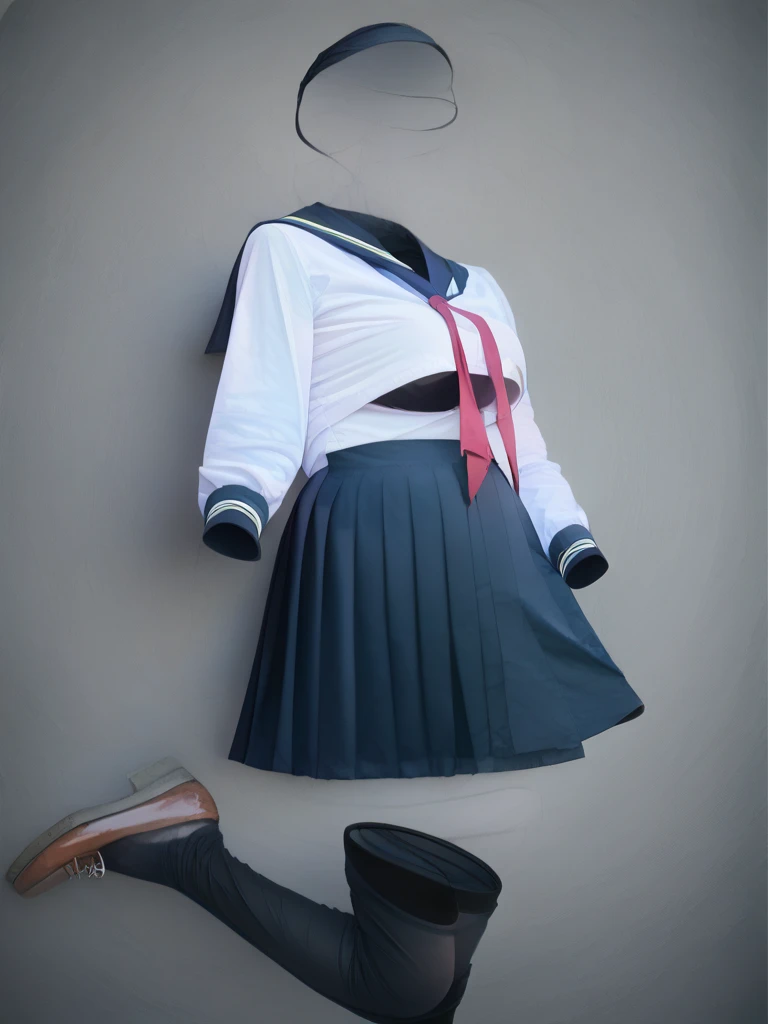 transparent, invisible person, no body,1girl, skirt, solo, classroom background, school uniform, signature, grey background, serafuku, pleated skirt, shirt, white shirt, pantyhose, shoe soles, sailor collar,big boob, black footwear,long  sleeves, black skirt, black pantyhose, blue long skirt, masterpiece, best quality, very aesthetic, absurdres.