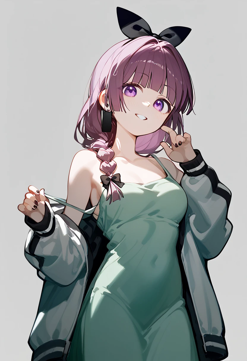 Score_9,Score_8_up,Score_7_up,highest quality,detailed,1 girl,hiroikikuriSDXL,hiroi kikuri,  single braid,

hair over shoulder,

hair bow,black bow,purple eyes,long dress,green dress,

strap slip,jacket,open jacket,two-tone jacket underboob, striped, , breasts,,
