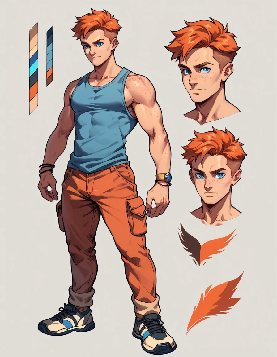 Human Male ,Dark Orange haircut , freckles , blue eyes ,cool tank top ,Cool Clothing  ,Bracelets , Full body ,Pants ,Simple background,character sheet , concept art, Shoes ,pose ,sci-fi Clothes 