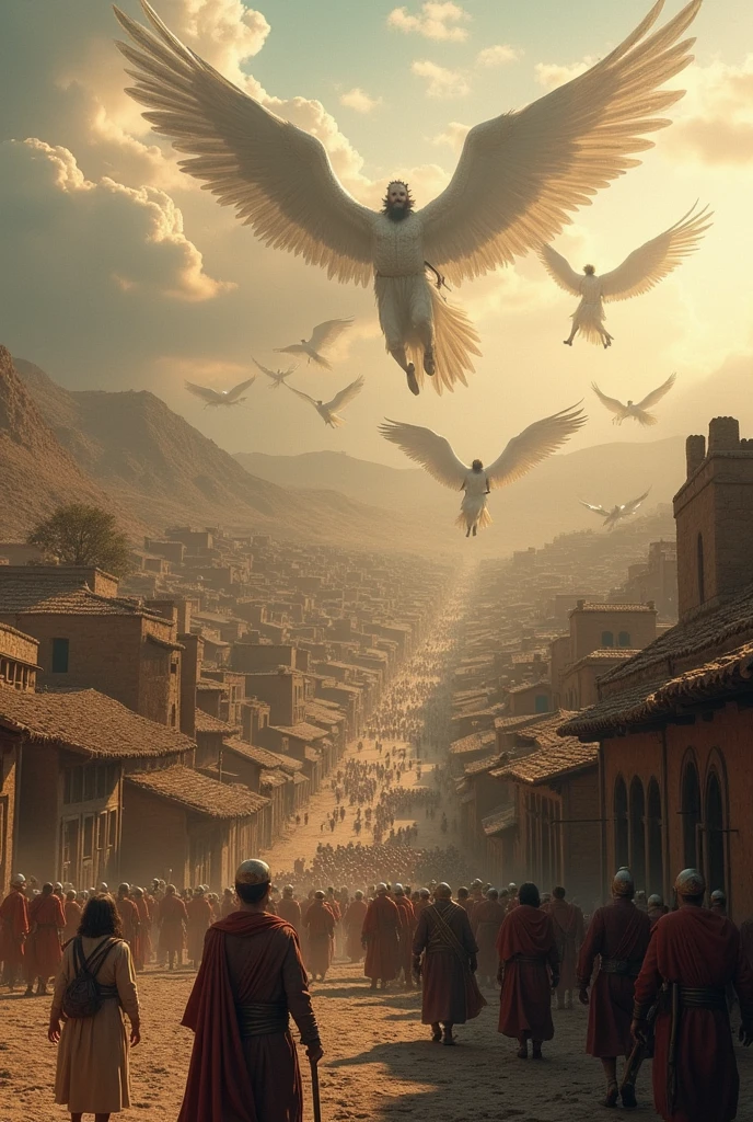 Children of angels flying with their wings in the sky, a scene of destruction on earth