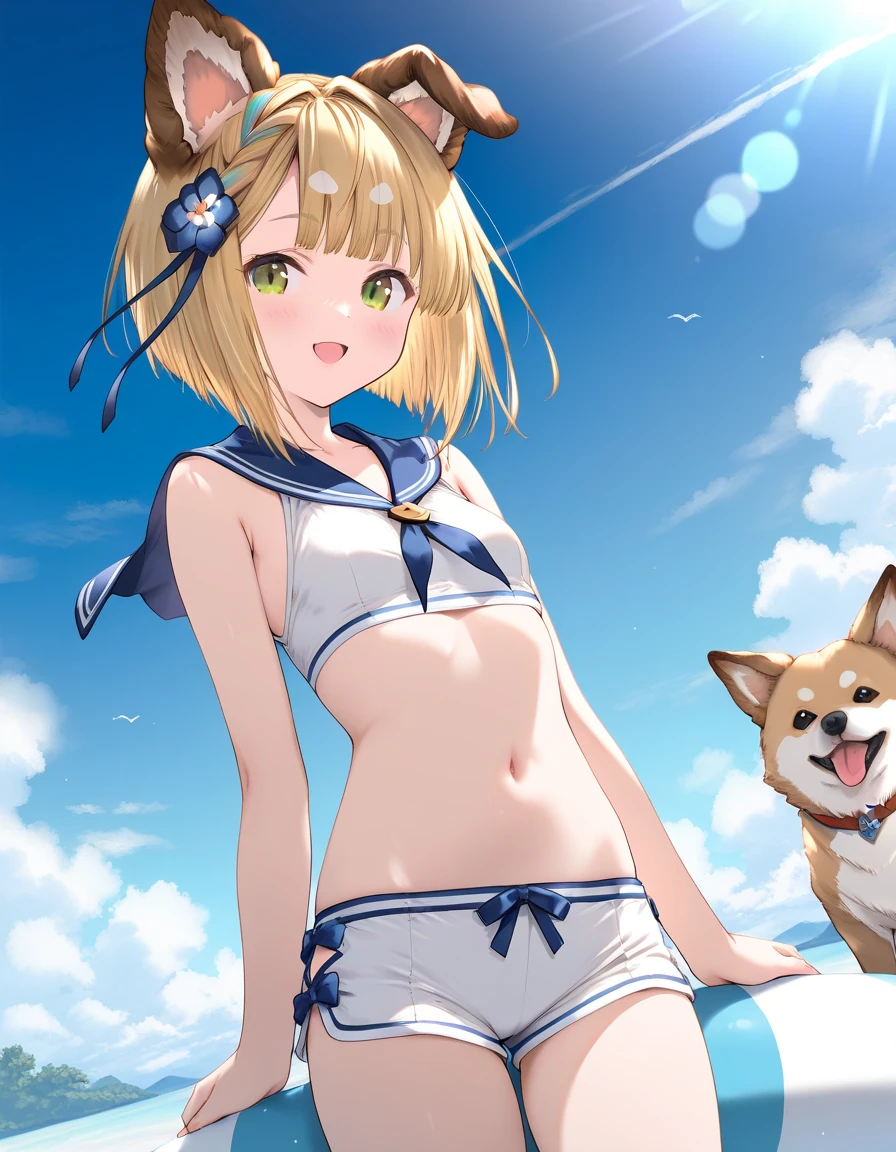 1girl, vajra_(granblue_fantasy), little female, short hair, blonde hair, dog ears, brown eyes, beautiful detailed eyes, small breasts,sailor bikini, bikini shorts, open mouth, wet, outdoors, wind, game CG break,((artist:shida_kazuhiro)),(artist:mitsumi_misato),(artist:fujiyama),,(masterpiece), (best quality), (ultra-detailed), very aesthetic, newest, beauty illustration,super detailed skin,  (masterpiece), (best quality), (ultra-detailed), very aesthetic lighting,hi res,absurd_res,2023,2024,(shaded),digital media (artwork), realistic lighting, 4k, 8k,