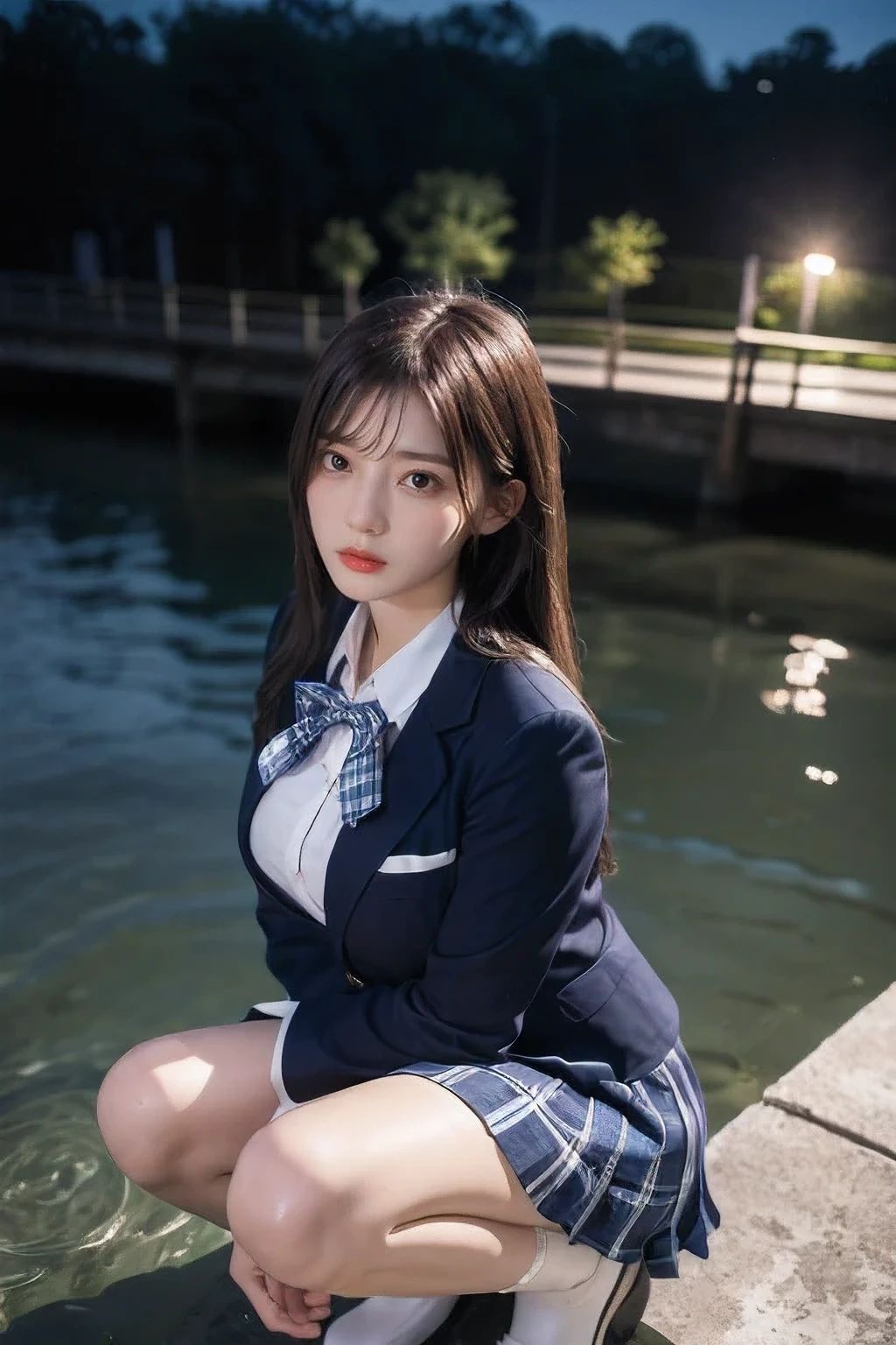8k, Raw photo, highest quality, masterpiece:1.2), masterpiece, highest quality, figure, Very detailed, Fine details, High resolution, 8k,wallpaper, Perfect dynamic composition,(Detailed high quality, Realistic depiction of eyes:1.3)、A woman who has been and has her hands tied、Arms wrapped around his back, hands tie behind back, 2woman、Crouching by a lake in the forest at night、With legs wide open、White panties are visible、Wearing a navy blue long sleeve blazer、Blue long sleeve blouse、Tartan plaid pleated skirt、whole body、The whole thing faces forward、21Talented talent、Beauty、Well-formed face、Make your eyes even、Beautiful black hair、Has bangedium build、Well-balanced proportions、Beautiful legs、Fresh face、Beautiful night sky、