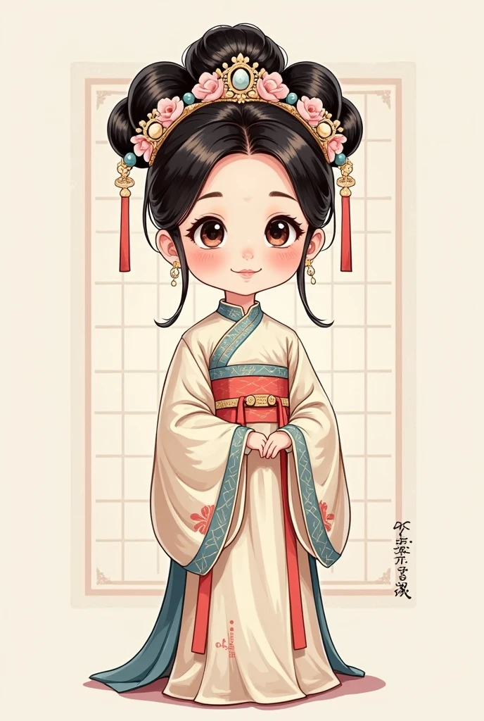 cute，Cartoon，Qing dynasty small grid with big eyes，Portrait，Alone， high bun+flag head ，Hanfu，robe