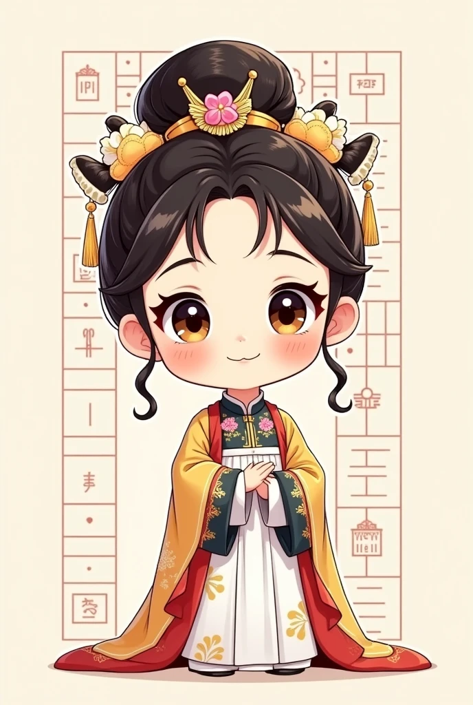 cute，Cartoon，Qing dynasty small grid with big eyes，Portrait，Alone， high bun+flag head ，Hanfu，robe， bright color 