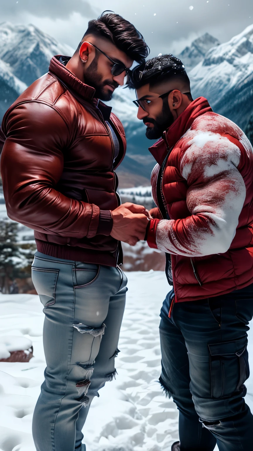 indian muscular daddy Arjun khanna gay couple hunk proposing to each other, Arjun khanna give red rose flower to another man and another man hold red rose in hand snow flakes stuck in indian daddy beared and hair. perfect angel view, two indian beared daddy muscular hunk wih sexy lips weared snow sunglasses with fluffy snow jacket doing proposing in hilly snowing mountain, snow falling, snow flakes stuck in beared and hair. masterpiece bodybuiler indian wrist bands with spiky hairstyle weared red snow fluffy jacket with black cargo standing on snow mountain with full spread legs, His perfect( big huge bulge) of his pant,masterpieces