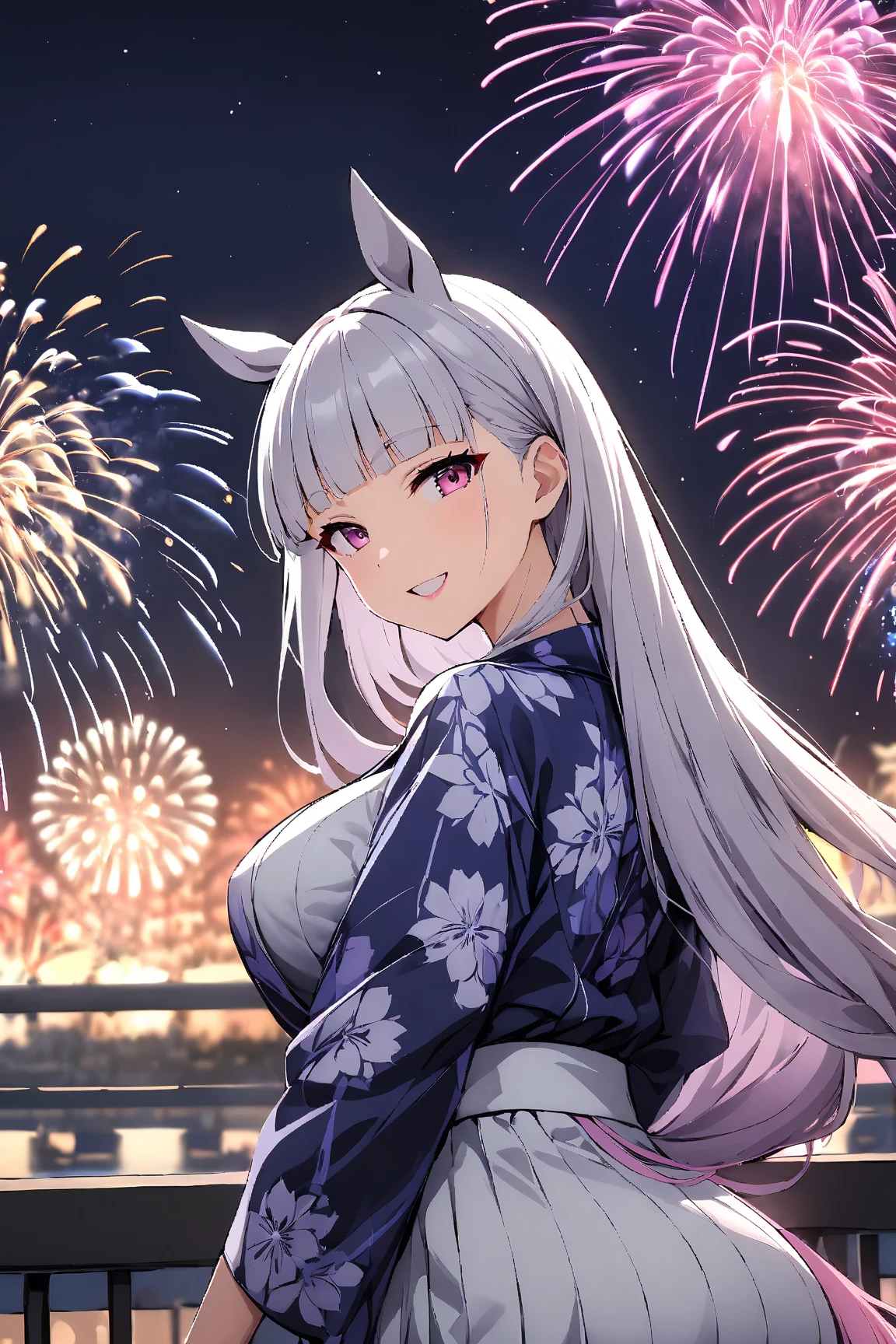 ((Best Quality)), ((masterpiece)), (detailed), （ perfect face）score_9, score_8_up, score_7_up, source_anime, 1girl, alone, looking at viewer, large breasts, lipstick, Yukata,   kimono, print   kimono, japanese clothes, fireworks, aerial fireworks,  from behind, pink eyes, Heart, night, night sky, festival, railing, arm support, smile, open mouth, bow, gold ship \(Uma Musume\), Horse ears, Long Hair,  Silver Hair,  Blue Ribbon, Horse tail