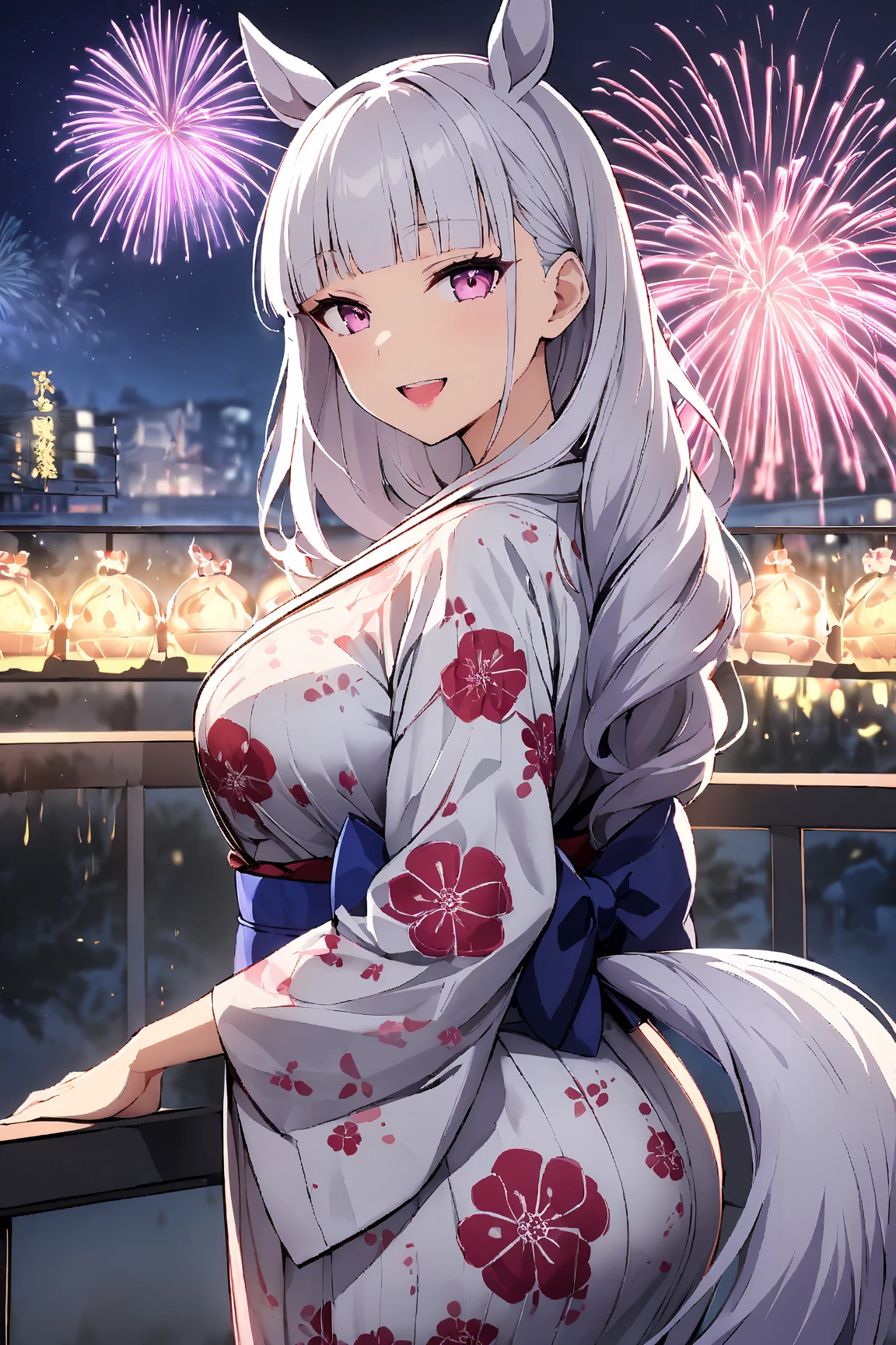 ((Best Quality)), ((masterpiece)), (detailed), （ perfect face）score_9, score_8_up, score_7_up, source_anime, 1girl, alone, looking at viewer, large breasts, lipstick, Yukata,   kimono, print   kimono, japanese clothes, fireworks, aerial fireworks,  from behind, pink eyes, Heart, night, night sky, festival, railing, arm support, smile, open mouth, bow, gold ship \(Uma Musume\), Horse ears, Long Hair,  Silver Hair,  Blue Ribbon, Horse tail