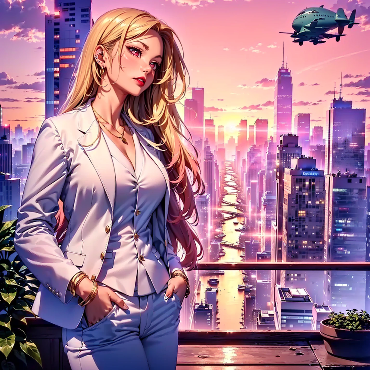 ((1girl, solo ,alone, (kitagawa marin, 1girl, blonde hair, long hair, multicolored hair, red eyes), gold bracelets, ruby earrings)), ((solo, 1woman, pink lipstick, Extremely detailed, ambient soft lighting, 4k, perfect eyes, a perfect face, perfect lighting, a 1girl)), austere, , ((fitness,, shapely body, athletic body, toned body)), ((white suit, white tuxedo, white blazer, dress shirt, white pants, white vest, hands in pockets, earrings, necklace, bracelets, smug, red lipstick, terrace, city, avenue, skyscraper, sunset, sun, clouds, mountains, airship, flower pot))