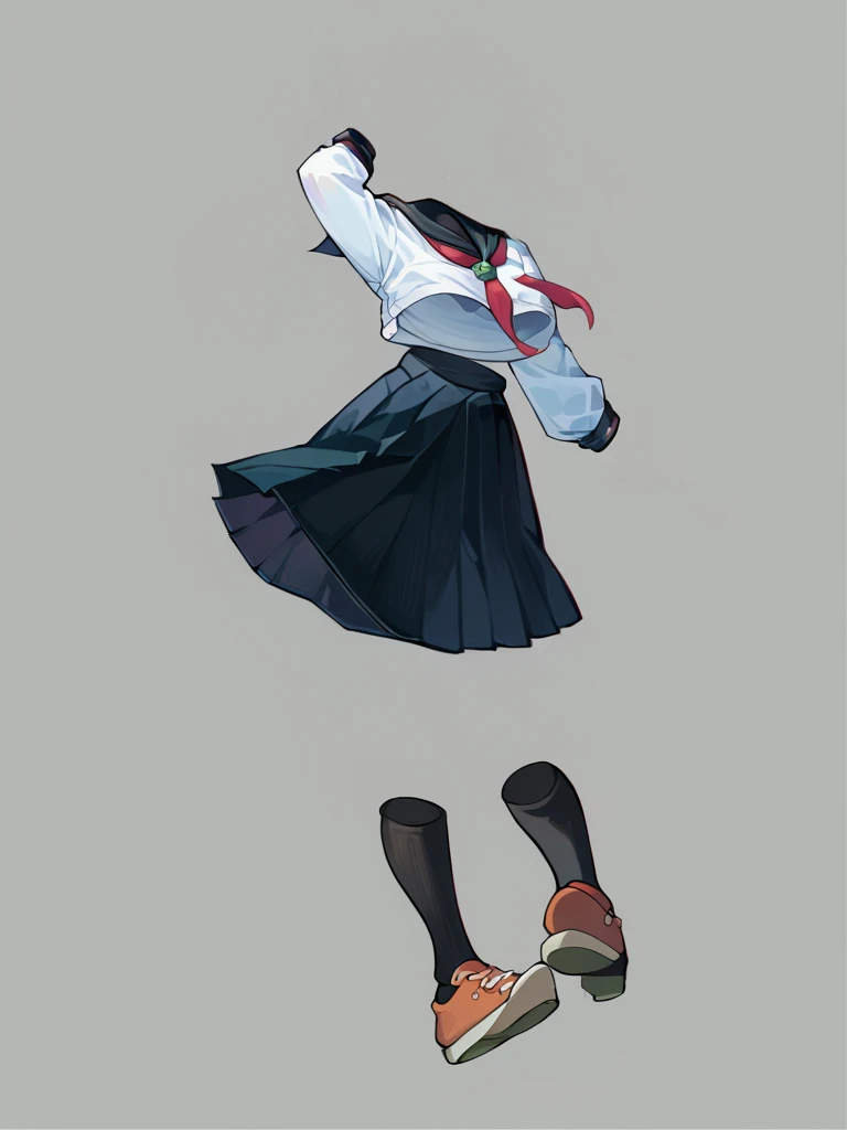 transparent, invisible person, no body,1girl, skirt, solo, classroom background, school uniform, signature, grey background, serafuku, pleated skirt, shirt, white shirt, pantyhose, shoe soles, sailor collar,big boob, black footwear,long  sleeves, black skirt, black pantyhose, blue long skirt, masterpiece, best quality, very aesthetic, absurdres.