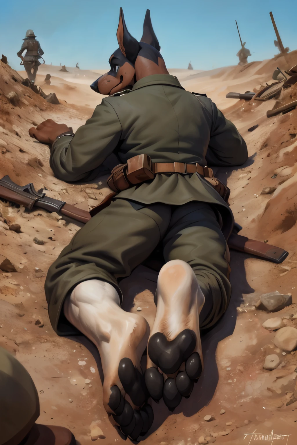 (ultra quality):1.4, color, smooth comics style, (by takemoto arashi, by meesh, by Taran Fiddler), solo:1, (defeat)) ((blackfeetsoles)) ((black feetsoles)) ((knockout face)) did a german doberman in the german soldier uniform without shoes, ((without pants)) He is dead in the trench, lying on the back, closed eyes, tonque stuck out of the mounth, defeated on the floor after a fight, exhausted, closed eyes, tonque out of the mounth , ((feet focus)) doberman tail. Battlefield (uniform german world war 1)) ((world war 1)) ((ww1)) ((white legs)) ((black pawpads)) (five toes) 5toes, 5finger ((doberman)) (blackpawsole) (feral feet) (additional paws from hidden characters that you can't see) ((without pants)) ((Pants pulled down to the knees))