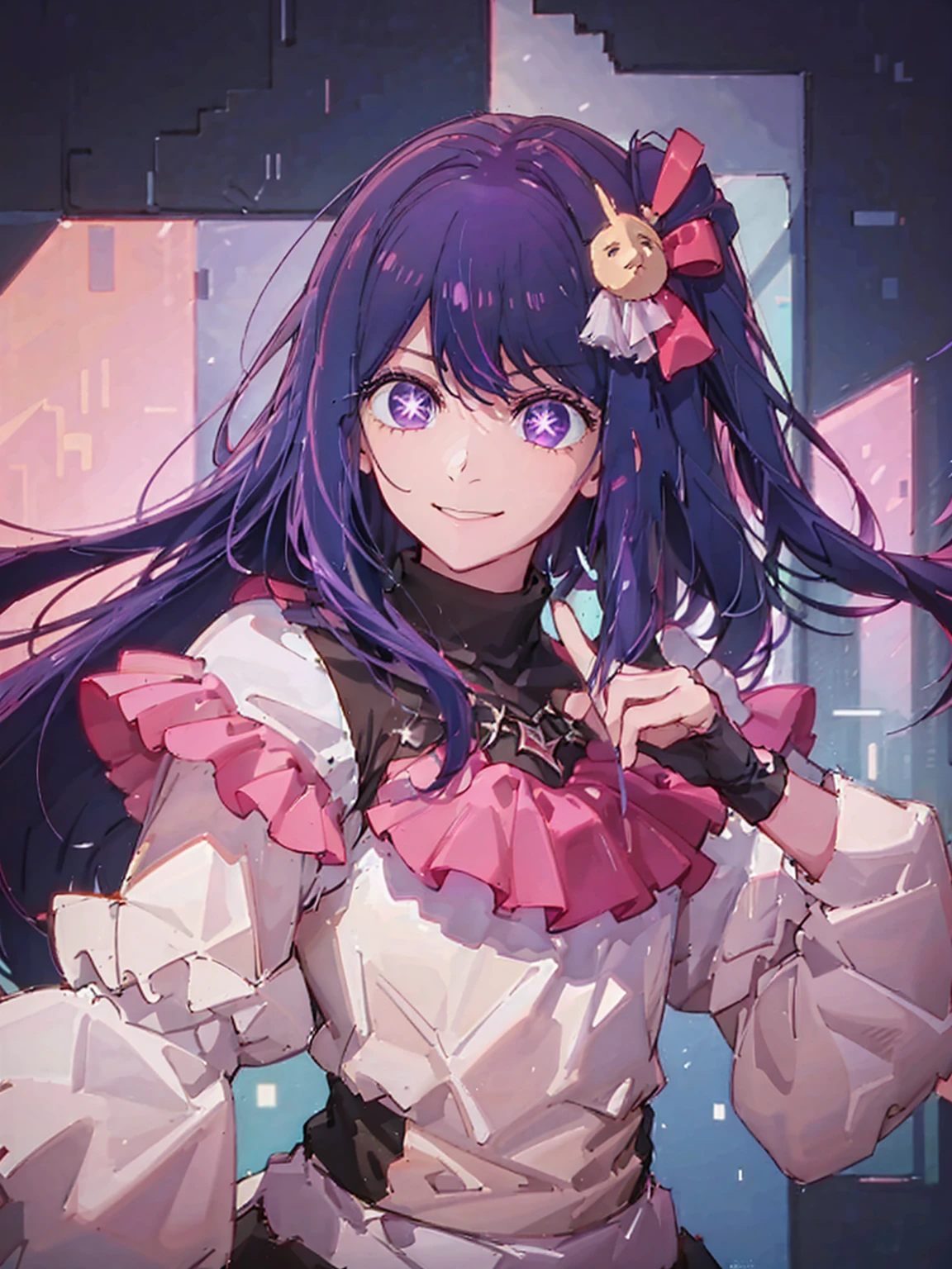 Hosino Ai, gloves, long hair, star (symbol), watch viewer, (purple hair: 1.2), purple eyes, upper body, hair ornament, ruffles, pink shirt, smile, sleeveless, shirt, idol, symbol shaped pupil, bangs, one side up, star-shaped pupils,  roaring twenties, isometric, from above, full body, rembrandt, Illustration, detail, depth of field, looking at the viewer, highest quality, high resolution.