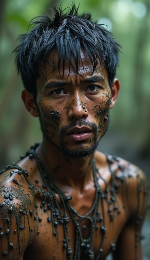 extremes close up face Indonesian Wild very thin man ugly mud in jungle the face has powder white, Skin is dirty with dust and moss , leaf on head Action pose , dark forest moon, Movie Poster