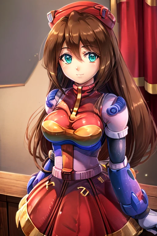 iris_megamanx, 1girl, solo, android, long hair, brown hair, hat, green eyes, white gloves, upper body, high quality, masterpiece, smile