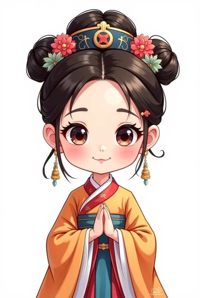 cute，Cartoon，Qing dynasty small grid with big eyes，Portrait，Alone， high bun+flag head +Official hat，Hanfu，robe， bright color ， white background 