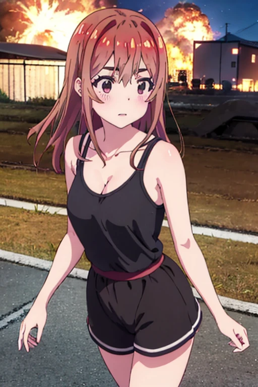 Sumi Sakurasawa、holding hundgun、at night、fence、1 girl、 cleavage、 black tank top、 sexy black shorts、Turn around and show your butt、Infiltrate a military base、Military base exploding in flames、The building is on fire