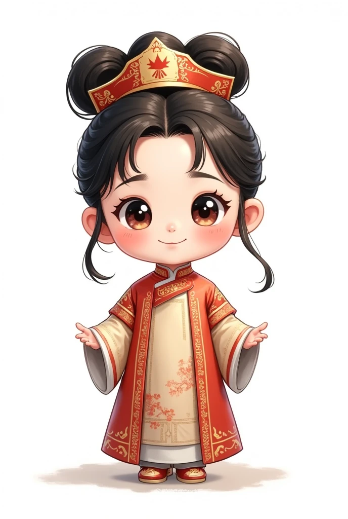 cute，Cartoon，Qing dynasty small grid with big eyes，whole body，Alone， high bun+flag head +Official hat，Hanfu，robe， bright color ， white background 