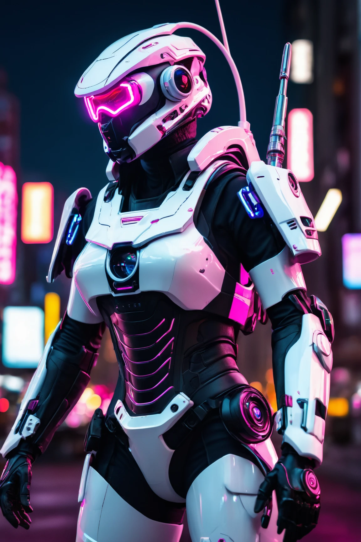 a futuristic swat automaton, glowing one eye, rebreather, antenna on helmet, white armor, pink lining, mecha, rifle on hand, 2 meters tall, dark city background, neon city lights, full body, cinematic lighting, dramatic angles, photorealistic, highly detailed, 8k, masterpiece, High Resolution, Super Detailed, High Quality, Retina, Best Quality, Award Winning, UHD, Cinematic, Hyperdetailed, 