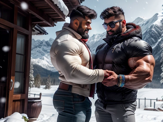 A Chinese bodybuilder，short detailed hair，Short stubble，Wear bright gold thong panties，Winter is full of romance。The old buildings became more peaceful and rustic in the snow, Short beard perfect figure with tattoos, Very huge and strong body, Bulging muscles, musculous, Very large pectoral muscles，Very sexy abs，The legs are muscular，Exposed Body，Tall and burly，Huge genital bulging area，Brightens oily skin，Muscular。
