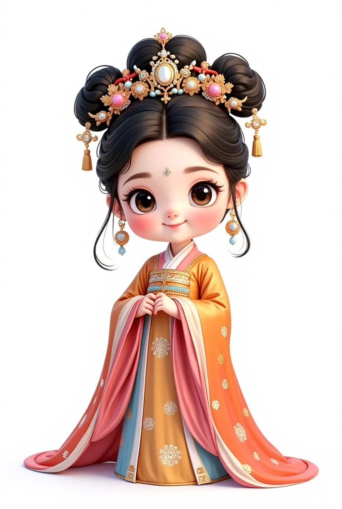 a cute, adorable, cartoon-style ancient Chinese imperial princess, full body, solo, elaborate updo hairstyle with imperial crown, traditional hanfu dress, vibrant colors, white background, (best quality,4k,8k,highres,masterpiece:1.2),ultra-detailed,(realistic,photorealistic,photo-realistic:1.37),HDR,UHD,studio lighting,ultra-fine painting,sharp focus,physically-based rendering,extreme detail description,professional,vivid colors,bokeh,portrait