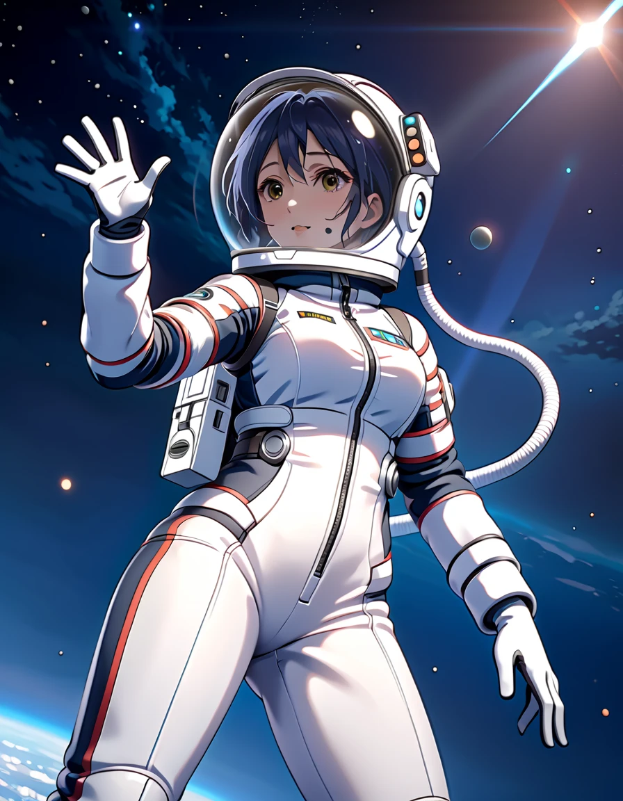 (spacesuit:1.15), white cargo pants, astronaut)bubble helmet, space helmet, white gloves , , looking close at you, outer space, floating, masterpiece, best quality, 1girl, beautiful,  image from below, solo, , Hayami kanade, hymknd, short hair, blue hair, parted bangs, yellow eyes, medium breasts, happy, difficulty breathing, waving, fullbody