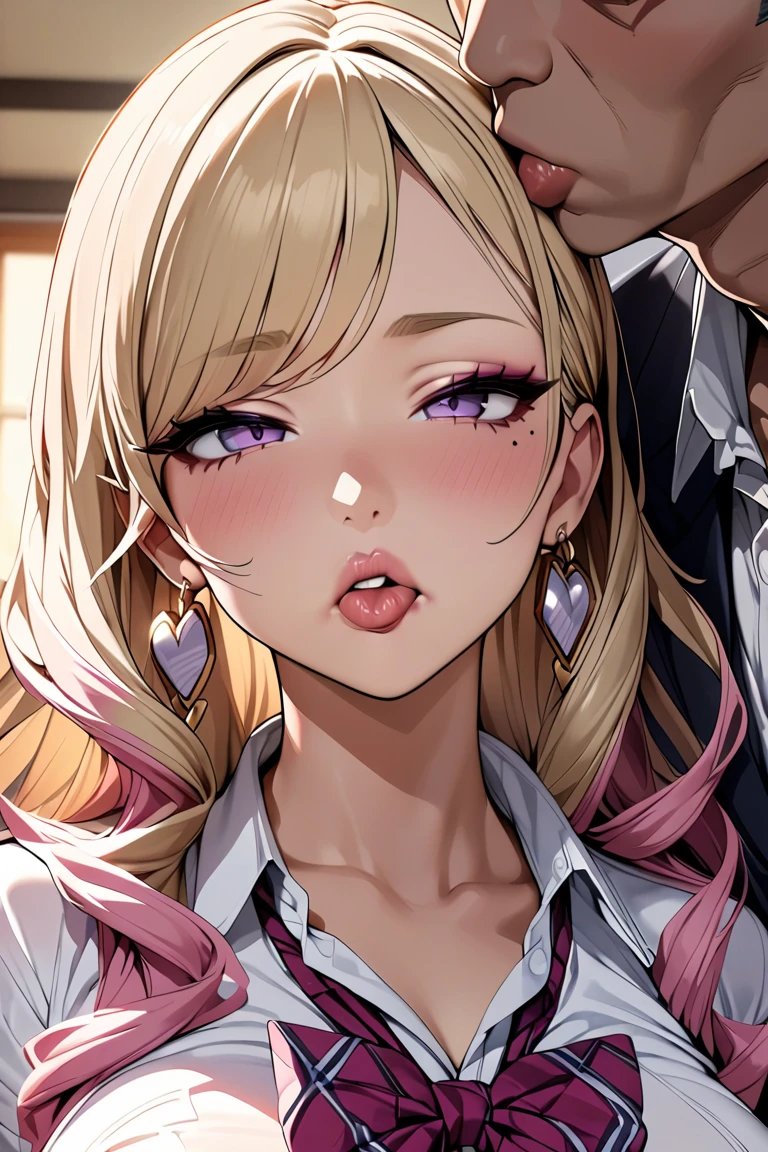 1scene,high quality,Super High resolution,High resolution illustration,masterpiece,Extremely detailed,Blonde HAIR,High resolution,Japanese,gyaru make,pink eyeliner,pink lip,earrings,(beautyfull girl has grossy lips and old  Creepy perv teacher) ,school uniform,saliva,Medium chest,black tan skin,Beautiful curves,Long and complicated hair,Mole under the eye,((passionate kiss: 1.4))