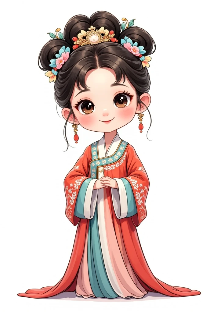 a cute, adorable, cartoon-style ancient Chinese imperial princess, full body, solo, elaborate updo hairstyle with imperial crown, traditional hanfu dress, vibrant colors, white background, (best quality,4k,8k,highres,masterpiece:1.2),ultra-detailed,(realistic,photorealistic,photo-realistic:1.37),HDR,UHD,studio lighting,ultra-fine painting,sharp focus,physically-based rendering,extreme detail description,professional,vivid colors,bokeh,portrait