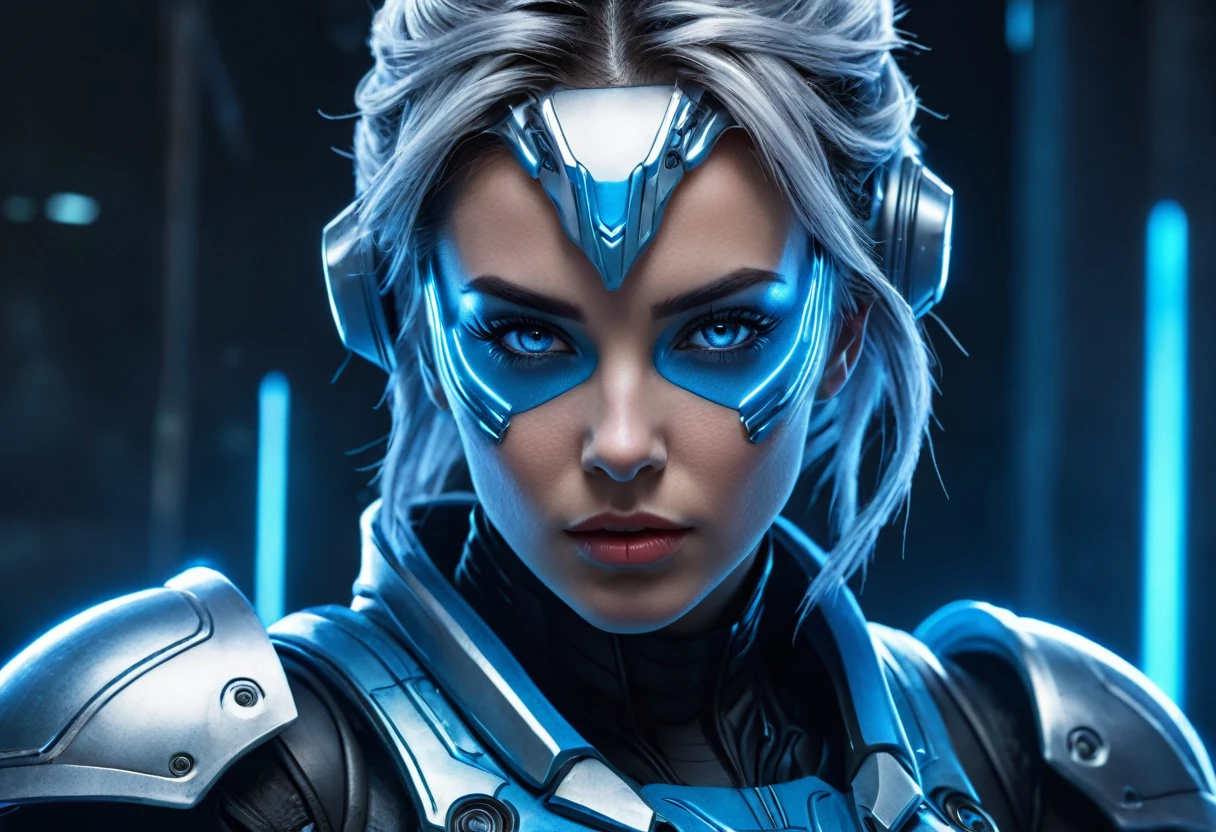 FACE WOMAN powerful armor, sharp look,
Frost, Calls, perfect details, (Best Quality, 4k,
High resolution, masterpiece:1.2), ultra detailed,
realist:
1.37, HDR, studio lighting, vivid colors, (cyberpunk,
Futuristic) style, lcy Blue Color Scheme, dynamic
lighting. MOD ULTRA FACE 8k laser eyes