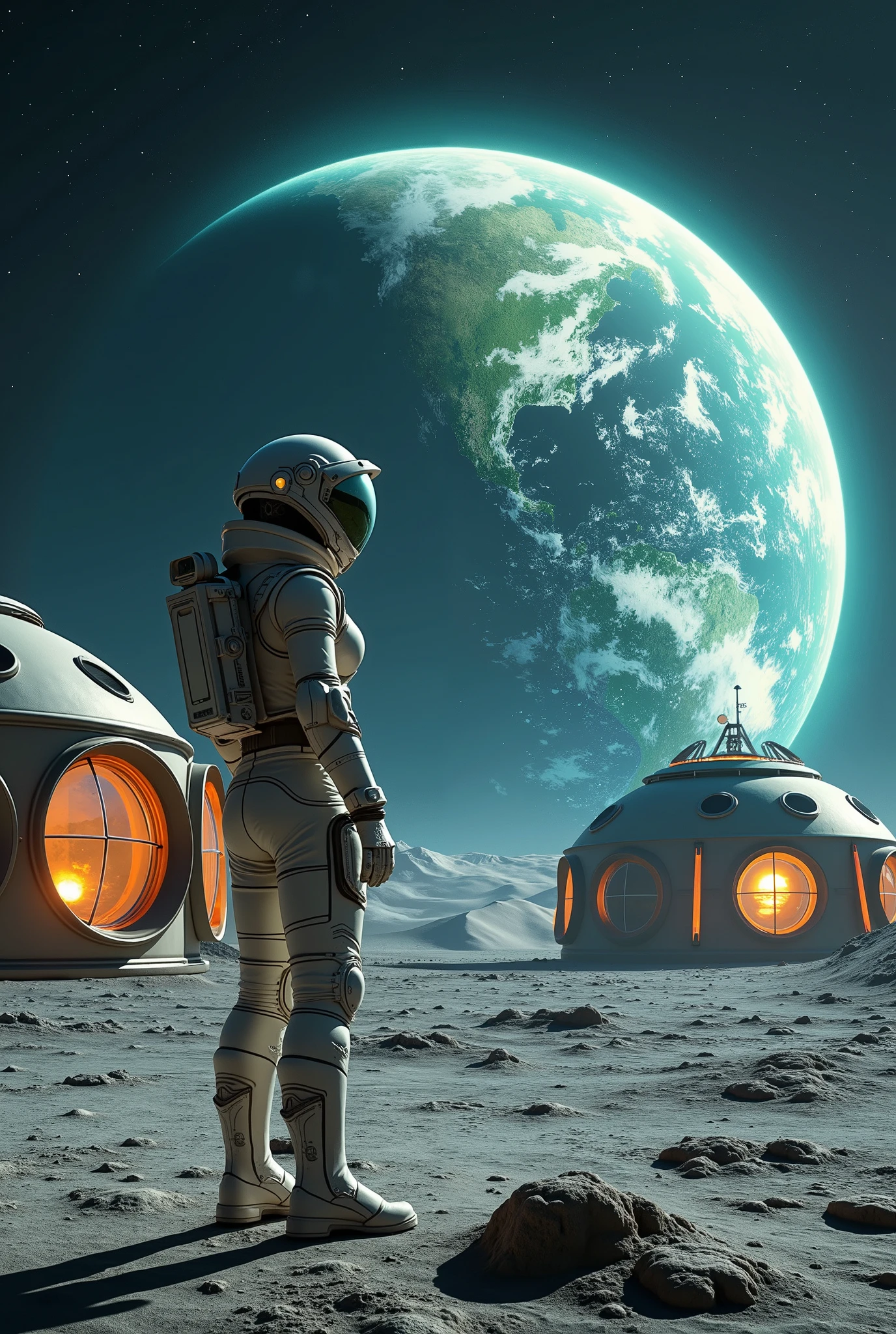 A high-fidelity render of a futuristic moon base on the lunar surface, featuring ultra-realistic details: metallic and glass domes with intricate textures, solar panels with reflective properties, and glowing interiors casting soft light onto the surrounding terrain. The lunar surface is meticulously detailed with fine dust, rugged craters, and subtle shadows. A female space soldier stands prominently in the foreground, wearing a sleek, futuristic space suit tailored for mobility and protection, with a visor reflecting the Earth and HUD details faintly glowing. Her suit features advanced armor plating and utility modules, blending functionality and elegance. The sky showcases a semi-realistic, dreamlike quality with a large, majestic Earth dominating the horizon, rendered with vibrant blues, greens, and swirling white clouds, surrounded by a luminous halo. Atmospheric effects, such as a faint glow around the structures and stars twinkling in the background, enhance the depth and realism of the scene.