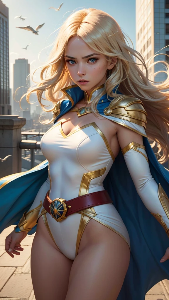 young  woman type cyborg, ((full body)), ((nude)), blond, blue eyes, heavily armored in white color to fight robots with a long cape, beautiful chest, standing in the battle field, with her legs spread apart, zoom in from front below