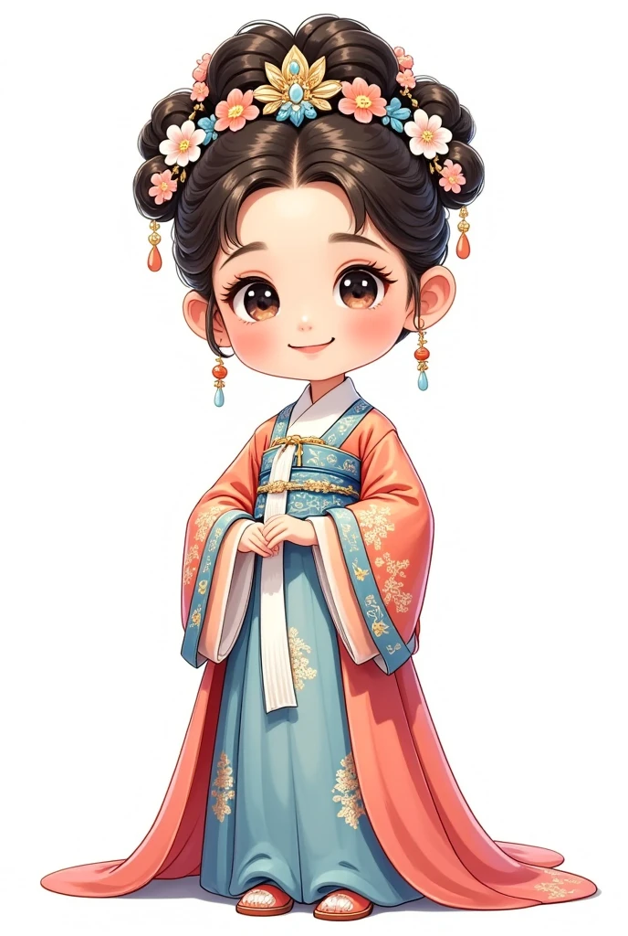 a cute, adorable, cartoon-style ancient Chinese imperial princess, full body, solo, elaborate updo hairstyle with imperial crown, traditional hanfu dress, vibrant colors, white background, (best quality,4k,8k,highres,masterpiece:1.2),ultra-detailed,(realistic,photorealistic,photo-realistic:1.37),HDR,UHD,studio lighting,ultra-fine painting,sharp focus,physically-based rendering,extreme detail description,professional,vivid colors,bokeh,portrait