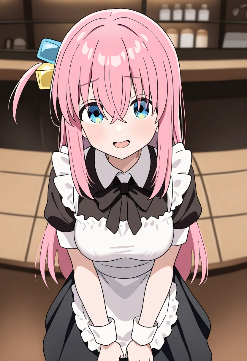 1girl, solo, gotoh hitori, long hair, pink hair, blue eyes, maid, apron, dress, cube hair ornament, open mouth, smile, cafe, best quality, amazing quality, very aesthetic,