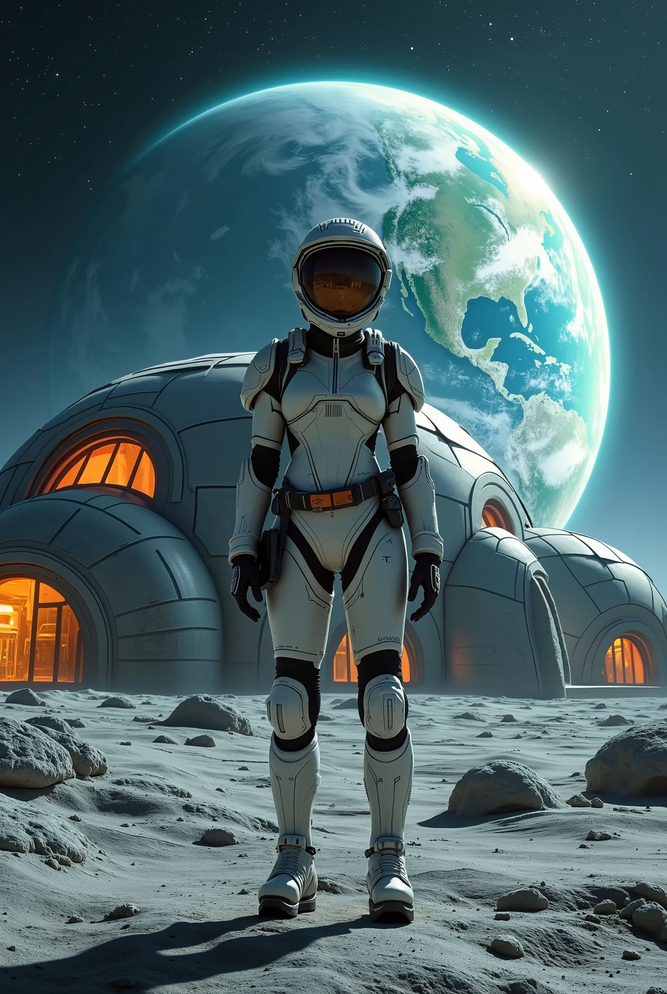 A high-fidelity render of a futuristic moon base on the lunar surface, featuring ultra-realistic details: metallic and glass domes with intricate textures, solar panels with reflective properties, and glowing interiors casting soft light onto the surrounding terrain. The lunar surface is meticulously detailed with fine dust, rugged craters, and subtle shadows. A female space soldier stands prominently in the foreground, wearing a sleek, futuristic space suit tailored for mobility and protection, with a visor reflecting the Earth and HUD details faintly glowing. Her suit features advanced armor plating and utility modules, blending functionality and elegance. The sky showcases a semi-realistic, dreamlike quality with a large, majestic Earth dominating the horizon, rendered with vibrant blues, greens, and swirling white clouds, surrounded by a luminous halo. Atmospheric effects, such as a faint glow around the structures and stars twinkling in the background, enhance the depth and realism of the scene.