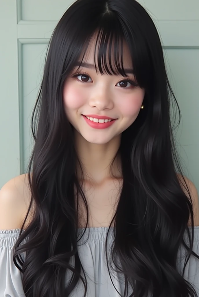 uma de uma mulher ela tem cabelo preto with bangs, Hime black haircut, ulzzang, korean, with short hair with bangs, with short hair, dilraba dilmurat, garota gótica korean cruel, white hime cut hairstyle, hair styled like bangs, with bangs, korean symmetrical ,,,,,,,,,,,, She smiles with a dimpled smile and a touch of white teeth.. The image is captured in high quality, with sharp focus and volumetric lighting that accentuates your features. The detailed, realistic skin texture resembles a masterpiece, as if it were taken with a DSLR in soft lighting. She wears light lipstick. The atmosphere is sensual and captivating, as if telling the story of a confident and attractive woman. ,generous neckline.