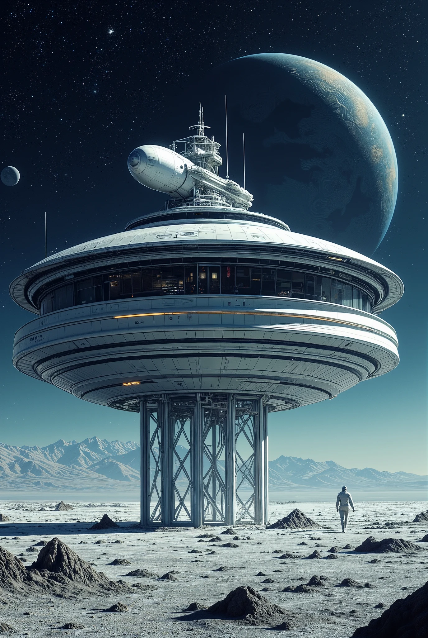 A disk-shaped, spiral-shaped, futuristic building built on the surface of the moon. Supported by several steel pillars, the building seems to float in midair. The building is shaped like a snail's shell, so it can be permanently extended. It is already about 1 km in diameter. There is no air outside, so people can only live in buildings. Thousands of stars in the sky. The blue earth is also visible. In the distance, lunar craters can be seen, but no large mountains are visible. Above the building, there is an airship docked.