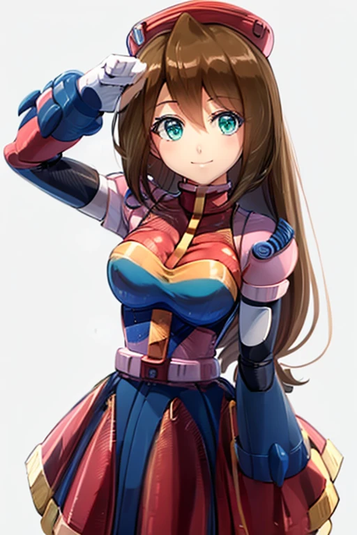 iris_megamanx, 1girl, solo, android, long hair, brown hair, hat, green eyes, white gloves, upper body, high quality, masterpiece, smile