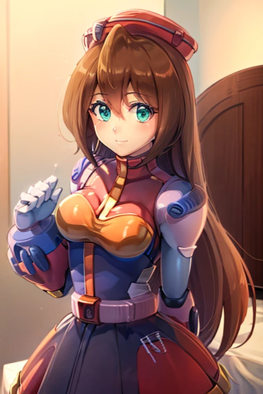 iris_megamanx, 1girl, solo, android, long hair, brown hair, hat, green eyes, white gloves, upper body, high quality, masterpiece, smile