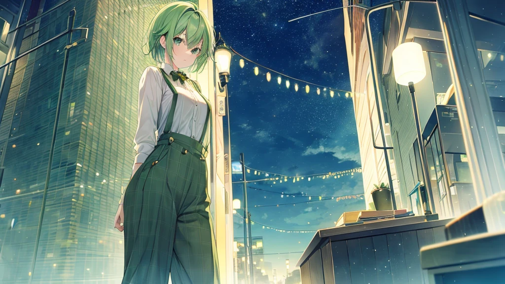 woman　clear　Light green hair　　 suspenders　　 slim　Night Sky　Zundamon 　 BOYISH
