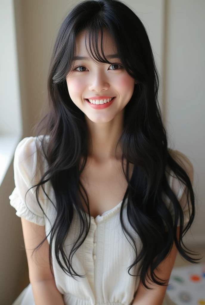 front、smile、T-shirt、long hair、soft face、black hair、8K resolution、surreal、super fine、 ((highest resolution、8K、masterpiece:1.3))、super fineな顔、super fineな唇、fine eyes、double eyelid、front:1.0、whole body:1.2、cute