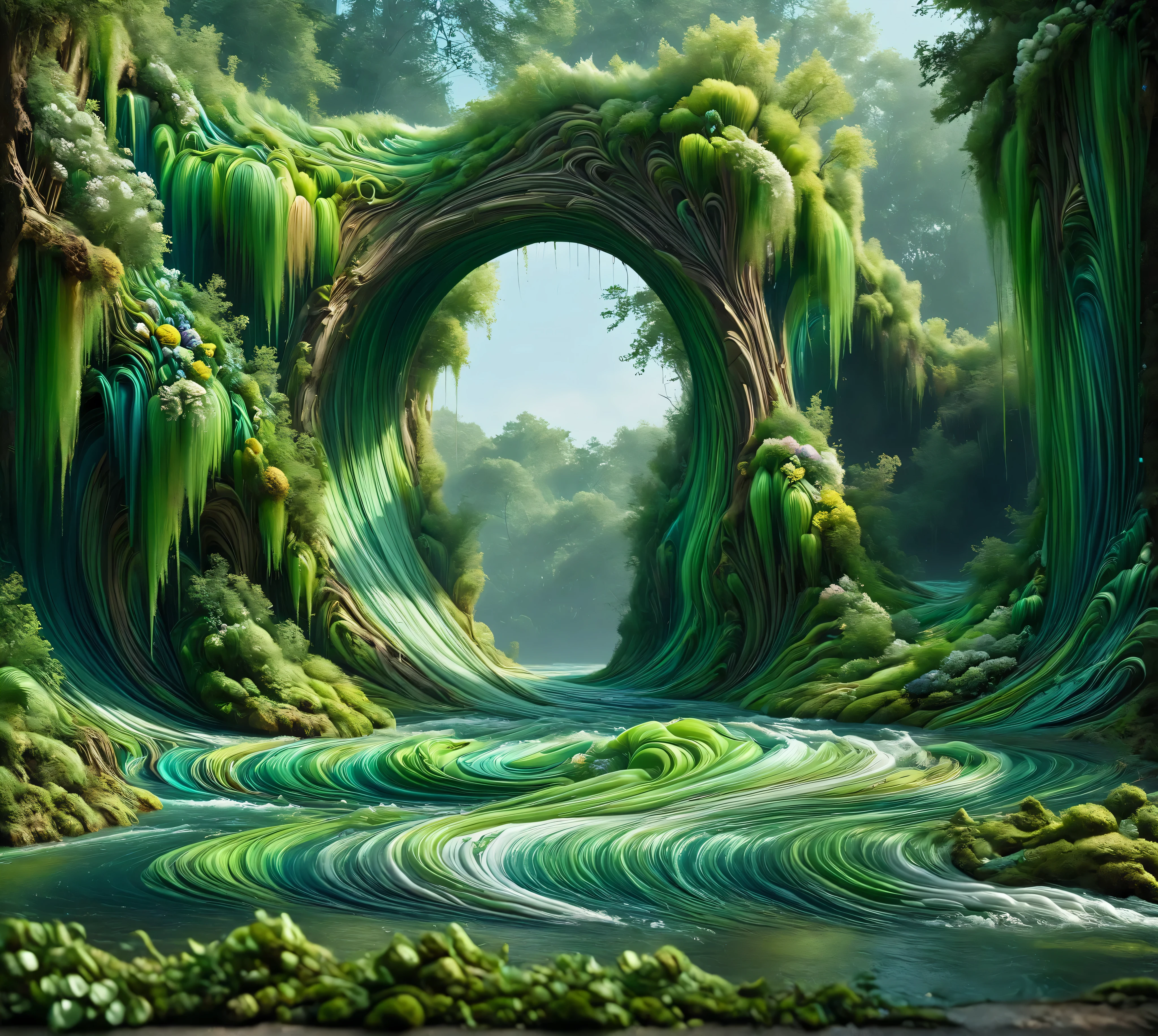  The inspired matte painting ， depicts a river with a bouquet of green water, Hyperrealistic water art, in  a surreal dream landscape,  Scenery rotating in the forest, Hyperrealism 8k, Realistic rippled fabric,   Incredible digital art  , surreal scene, Water Art Control, Surrealist digital art ,  a surreal dream landscape, breathtaking digital art, Hyperrealistic digital art,  surreal 3D rendering 