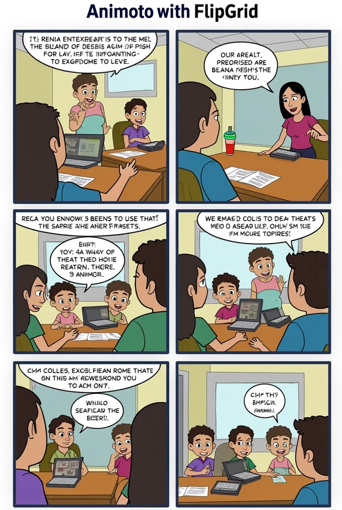 Based on the provided list of digital tools, here's a scenario for a comic strip using two tools: **Animoto** and **Flipgrid**. These tools facilitate creative video-based responses and engagement.

### **Scenario 1: Animoto - "Visual Storytelling"**
1. **Panel 1:** A teacher stands in front of a class, holding a tablet. The speech bubble reads: "Class, for today's lesson, I want you to create a 30-second video about the water cycle using Animoto!"
2. **Panel 2:** Students are shown excitedly working on their devices, adding pictures of rain, rivers, and clouds while typing short descriptions.
3. **Panel 3:** A student proudly presents their video to the class. The teacher says, "Amazing! Your visuals captured the process perfectly!"
4. **Panel 4:** The caption reads, "Animoto: Transforming learning into storytelling."

---

### **Scenario 2: Flipgrid - "Video Reflections"**
1. **Panel 1:** The teacher says, "For homework, I’ve posted a prompt on Flipgrid: ‘What’s one thing you learned
