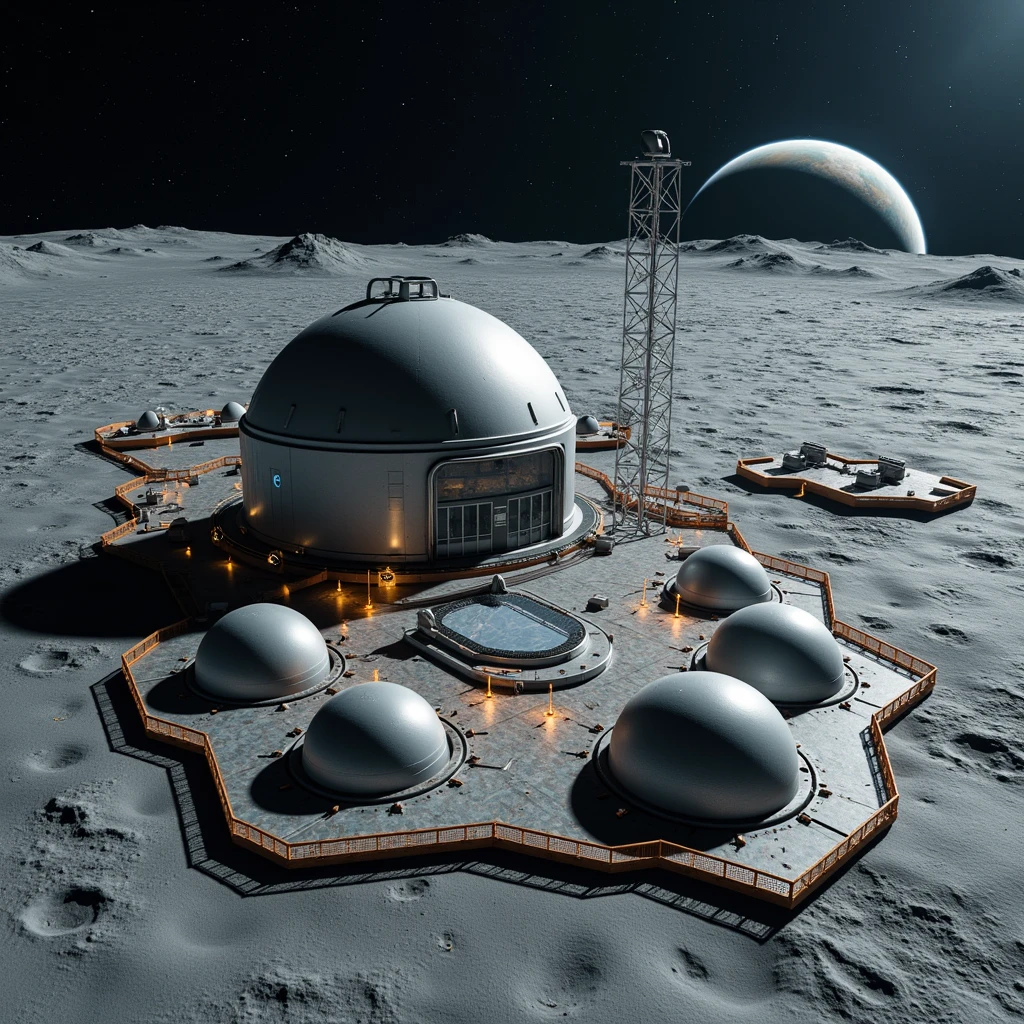  From a bird's-eye view, we see the 2035 lunar base , , it consists of several matte domes glass and metal of different sizes connected by passages, lunar hangars , of a landing pad with a shuttle ( space briefcase , reusable spacecraft ),  with communication masts and lanterns illuminating the perimeter of the base , . The base is located on the gray lunar surface , in the distance can see planet Earth and the stars ,  photorealism ,sci-fi,8k render,HDR color, rover with a sealed cabin  ( to explore other futuristic planets ), a couple of people in spacesuits are doing their job repairing communications,