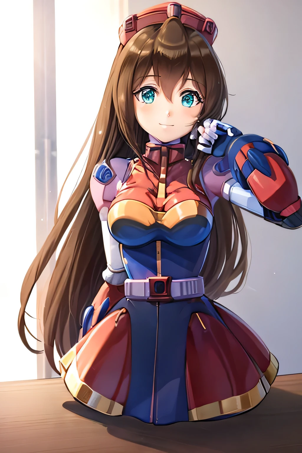 iris_megamanx, 1girl, solo, android, long hair, brown hair, hat, green eyes, white gloves, upper body, high quality, masterpiece, smile