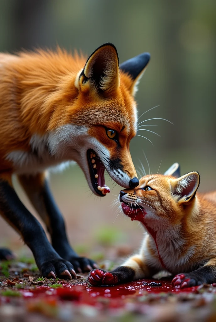 A unique perspective from inside the prey, capturing a Golden Eagle feeding on a Red Fox. The image is framed by the fox's fur and blood-stained surroundings, with the powerful bird of prey tearing into the flesh with its sharp beak and claws. The eagle's golden feathers are highlighted against the rich red tones of the fox's fur, and the intense focus in the eagle's eyes adds a dramatic tension to the scene. This scene was the winning entry in the 'Bird' category at the 2017 Nordic Nature Photography Competition (NNPC).