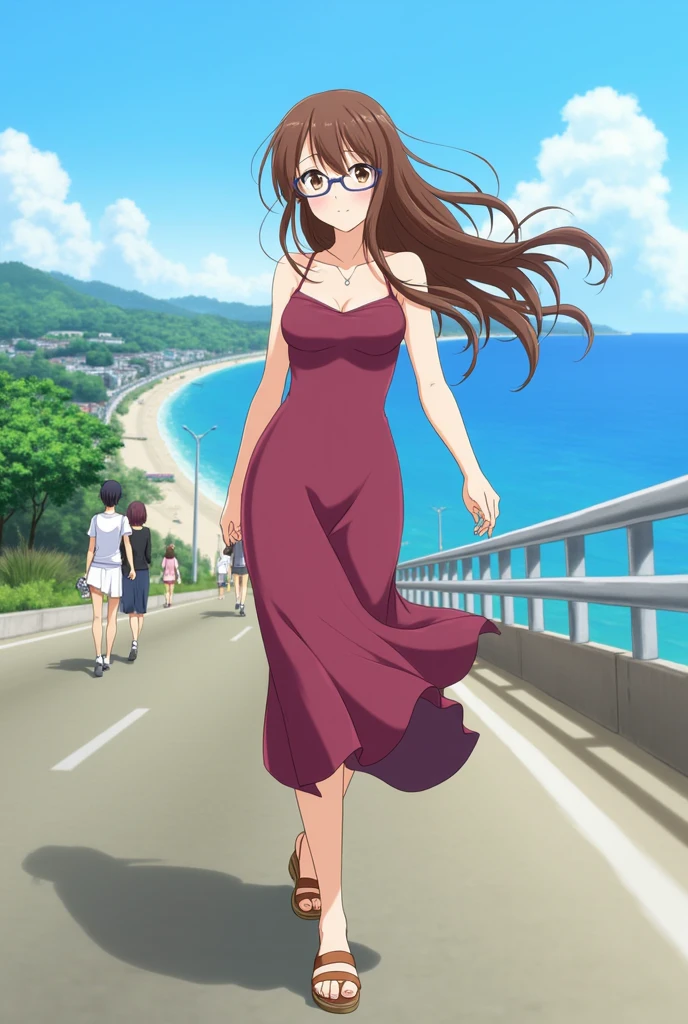 Masterpiece, best quality, Masterpiece, best quality, 1 woman, wavy brown hair, sunglasses , sly face , pink bikini , abdomen, big breasts , Long legs ,canvas shoes , stand on your hips , tall building
